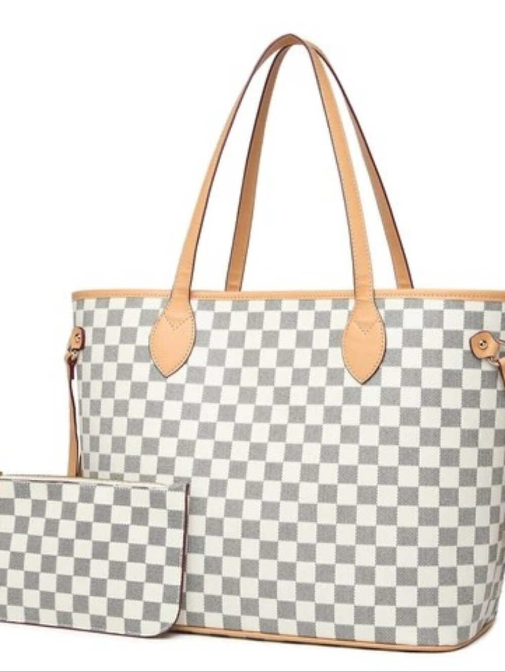 Canvas Checkered Tote Bag with Pouch - Cream & Gray